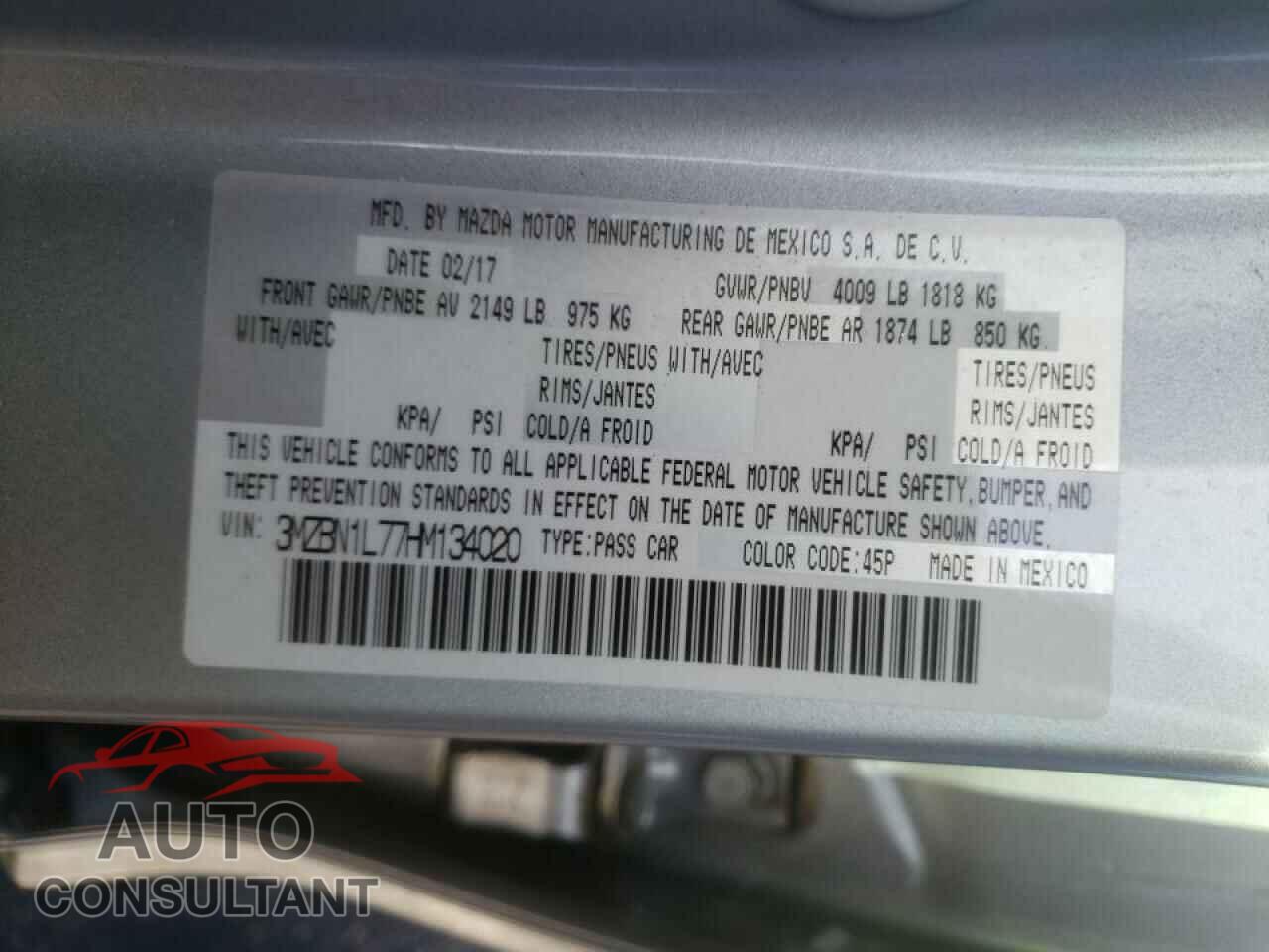 MAZDA 3 2017 - 3MZBN1L77HM134020