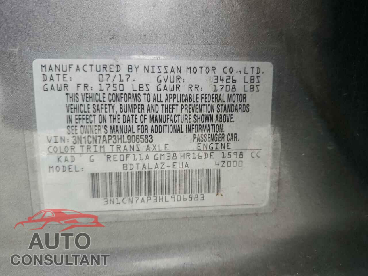 NISSAN VERSA 2017 - 3N1CN7AP3HL906583