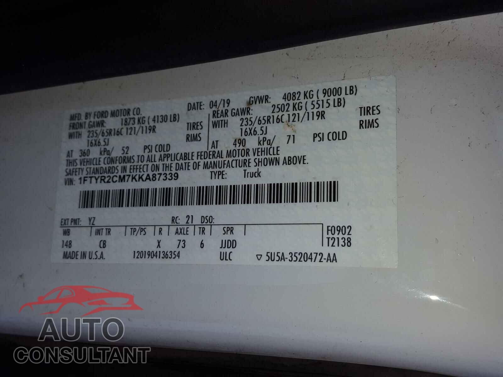 FORD TRANSIT CO 2019 - 1FTYR2CM7KKA87339