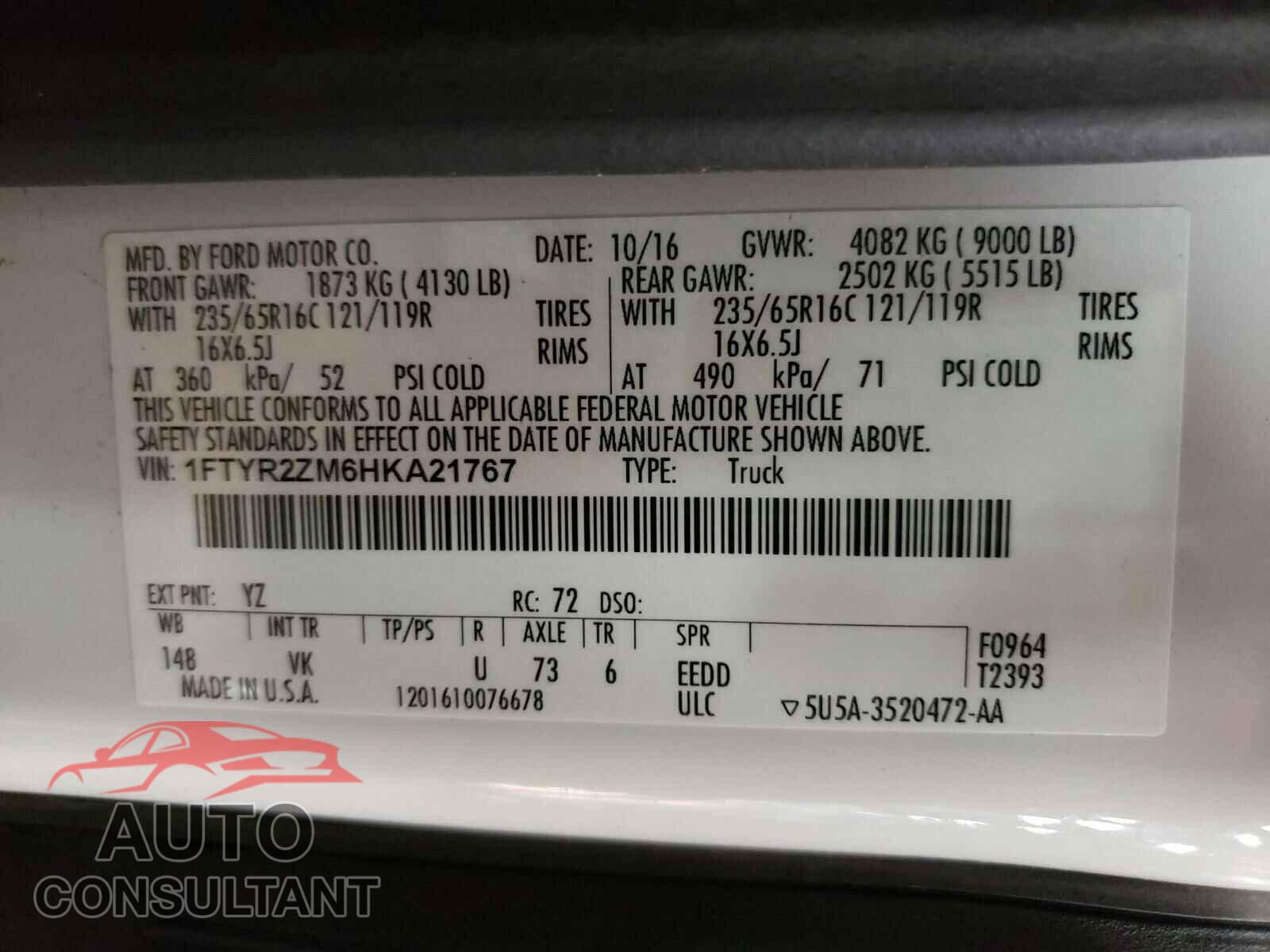 FORD TRANSIT CO 2017 - 1FTYR2ZM6HKA21767