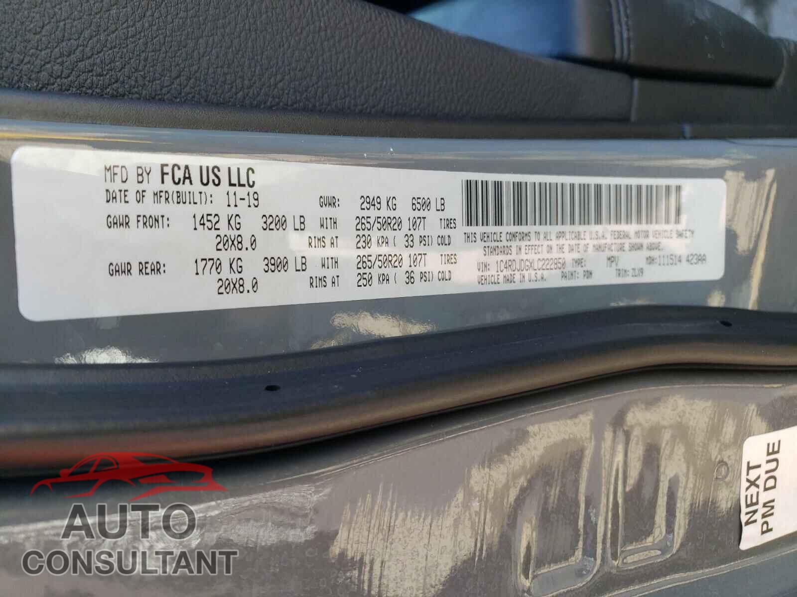 DODGE DURANGO 2020 - 1C4RDJDGXLC222850