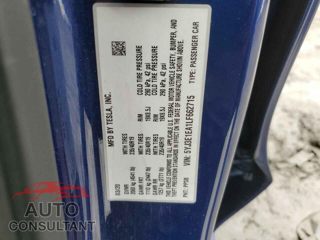 TESLA MODEL 3 2020 - 5YJ3E1EA1LF662715