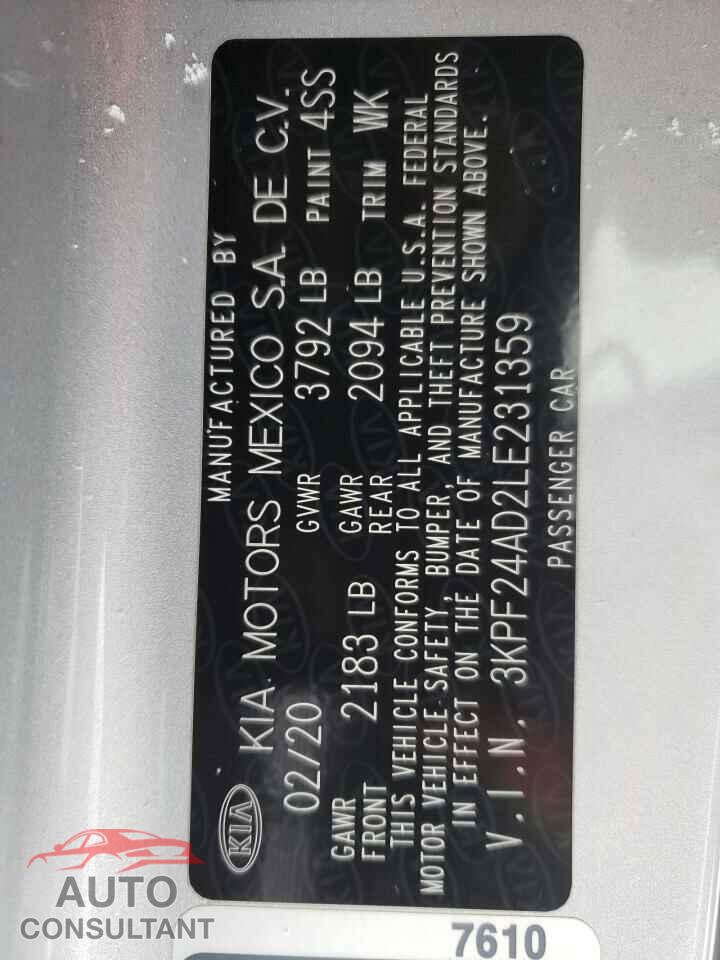 KIA FORTE 2020 - 3KPF24AD2LE231359