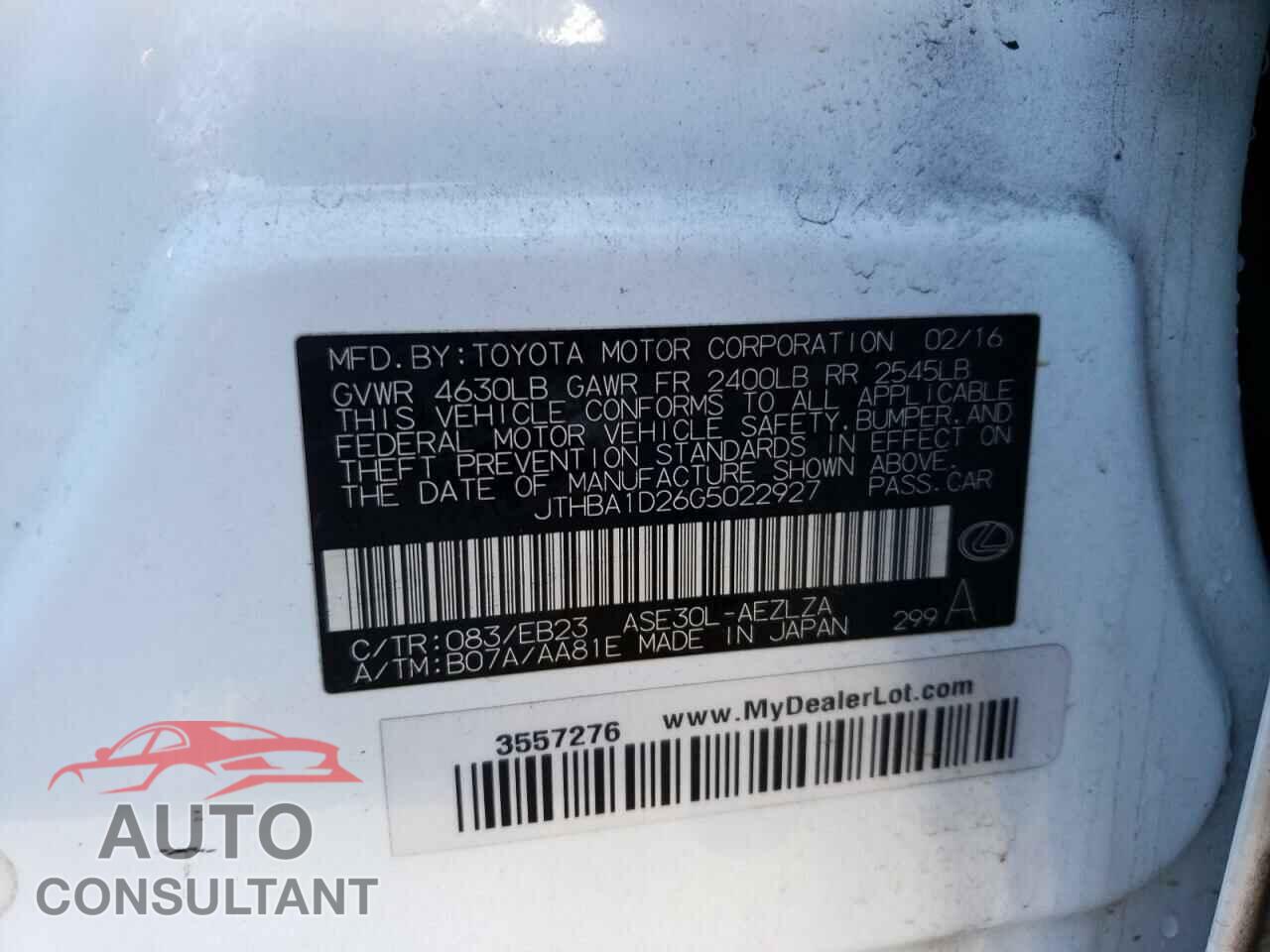 LEXUS IS 2016 - JTHBA1D26G5022927