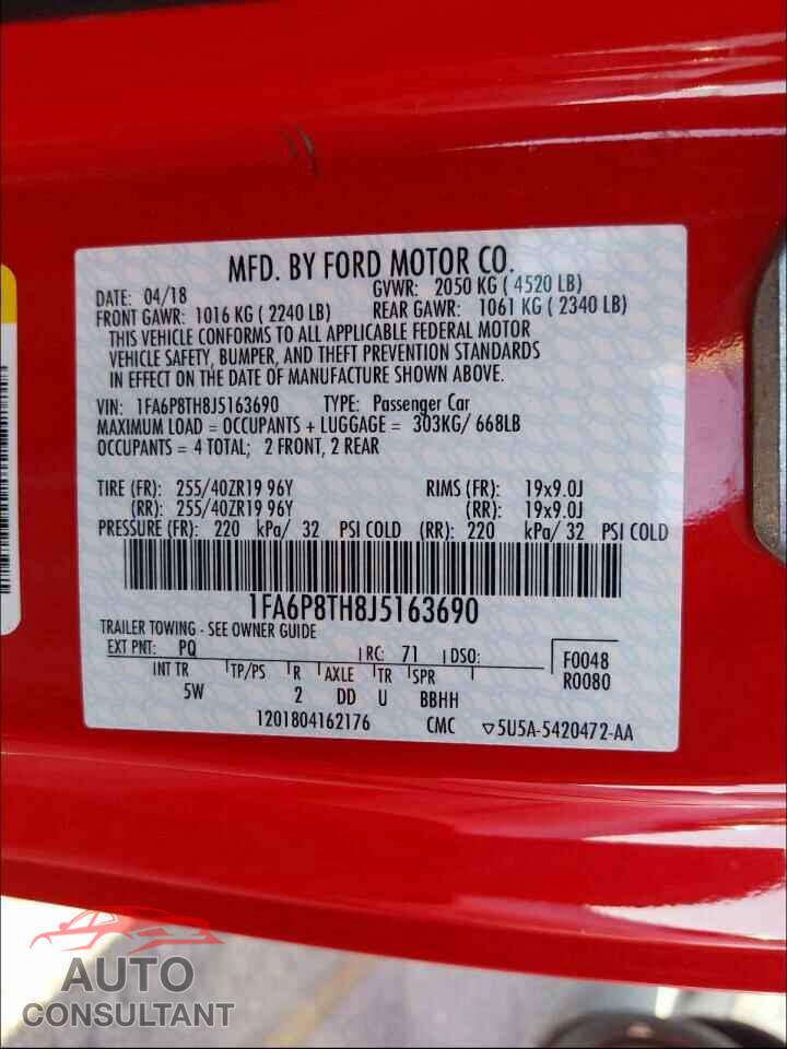 FORD MUSTANG 2018 - 1FA6P8TH8J5163690