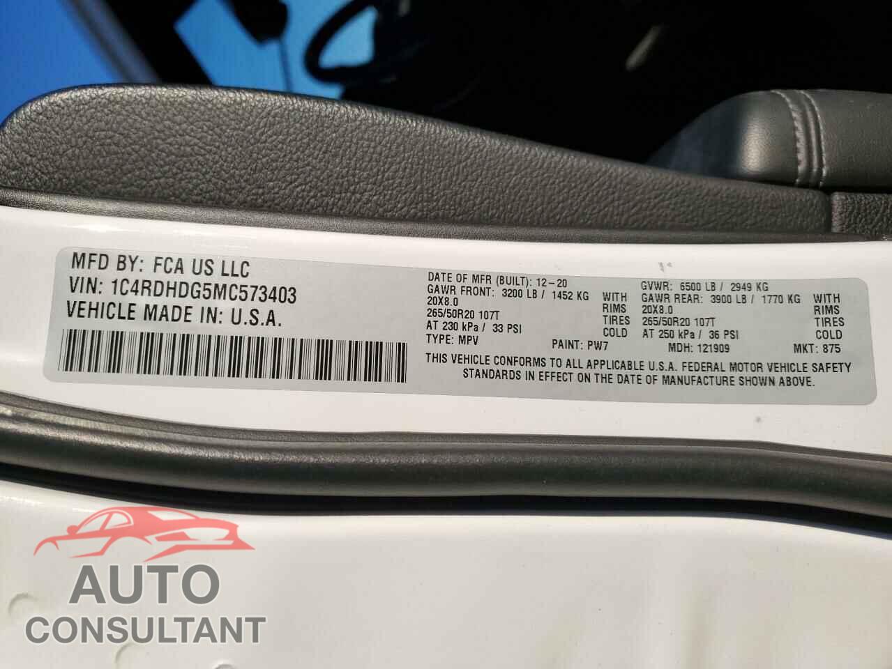 DODGE DURANGO 2021 - 1C4RDHDG5MC573403