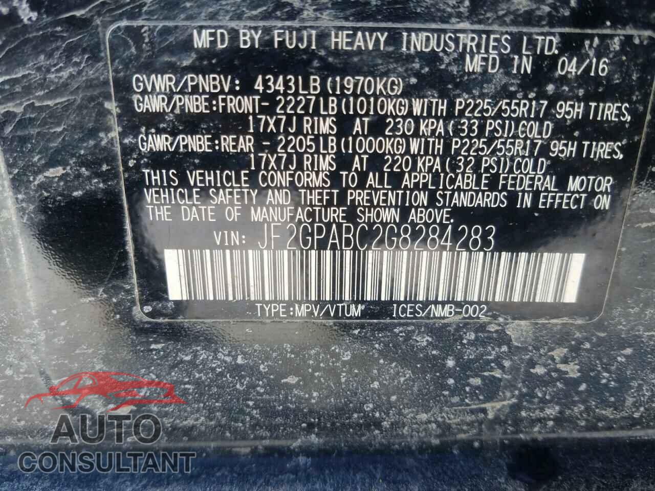 SUBARU CROSSTREK 2016 - JF2GPABC2G8284283