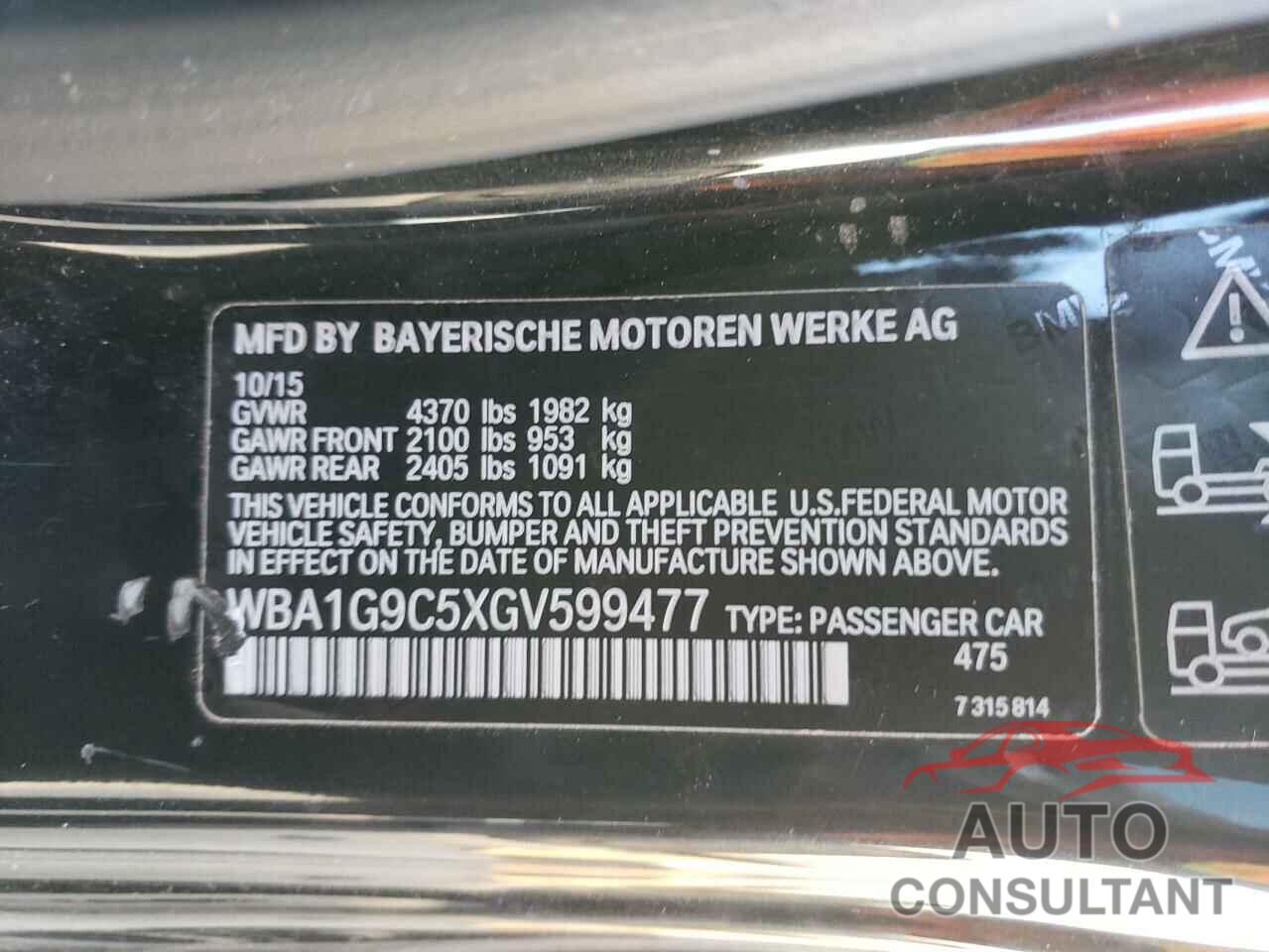 BMW 2 SERIES 2016 - WBA1G9C5XGV599477