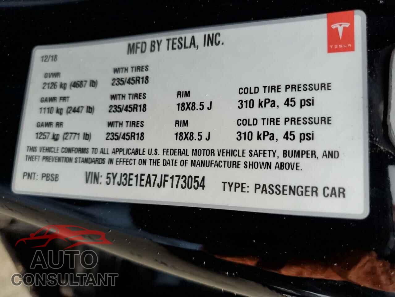 TESLA MODEL 3 2018 - 5YJ3E1EA7JF173054