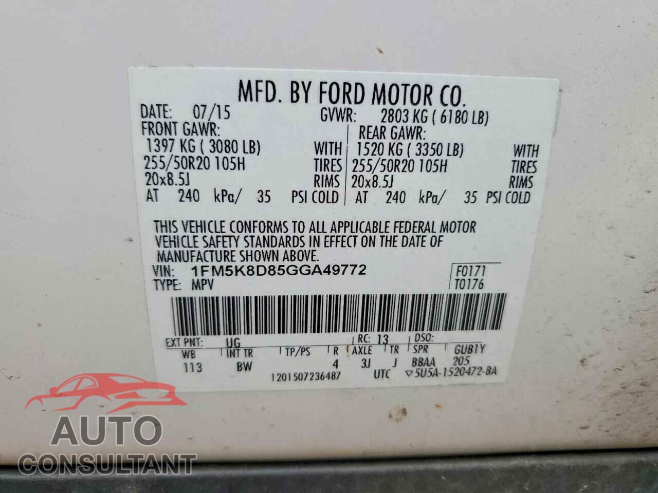 FORD EXPLORER 2016 - 1FM5K8D85GGA49772