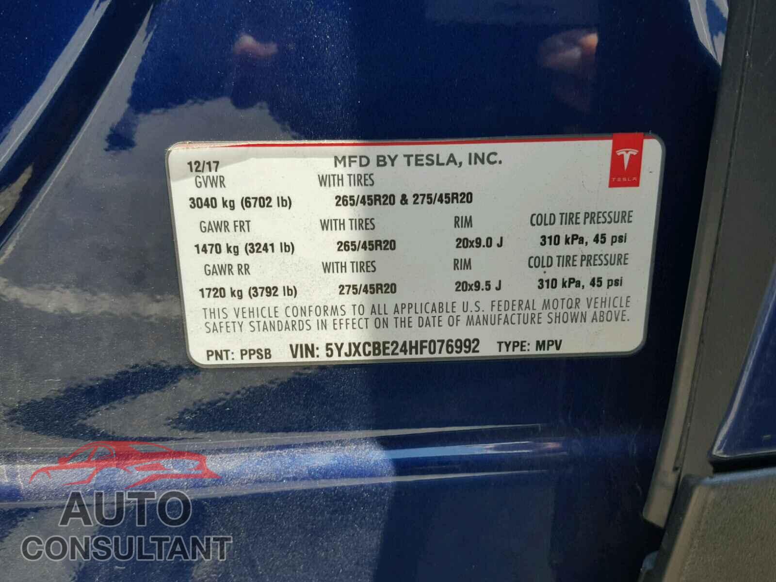 TESLA MODEL X 2017 - 5YJXCBE24HF076992