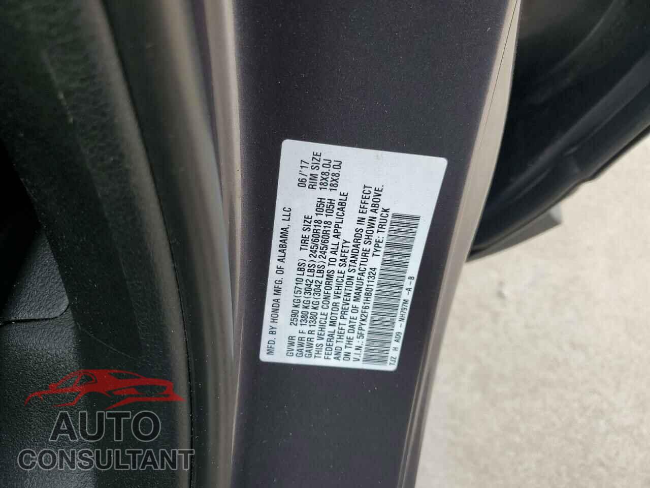 HONDA RIDGELINE 2017 - 5FPYK2F61HB011324