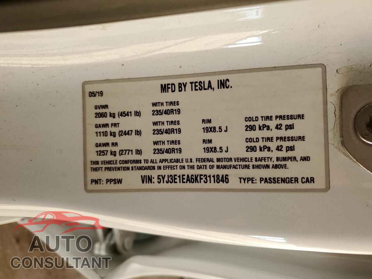 TESLA MODEL 3 2019 - 5YJ3E1EA6KF311846