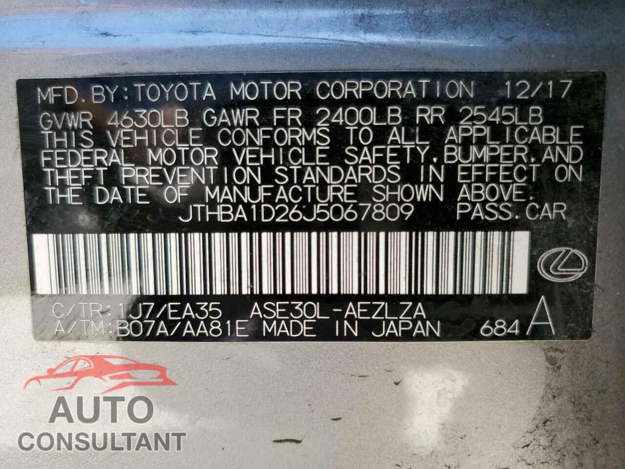 LEXUS IS 2018 - JTHBA1D26J5067809