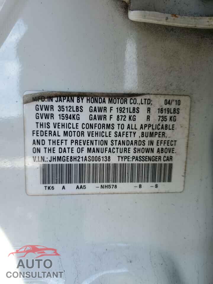 HONDA FIT 2010 - JHMGE8H21AS006138