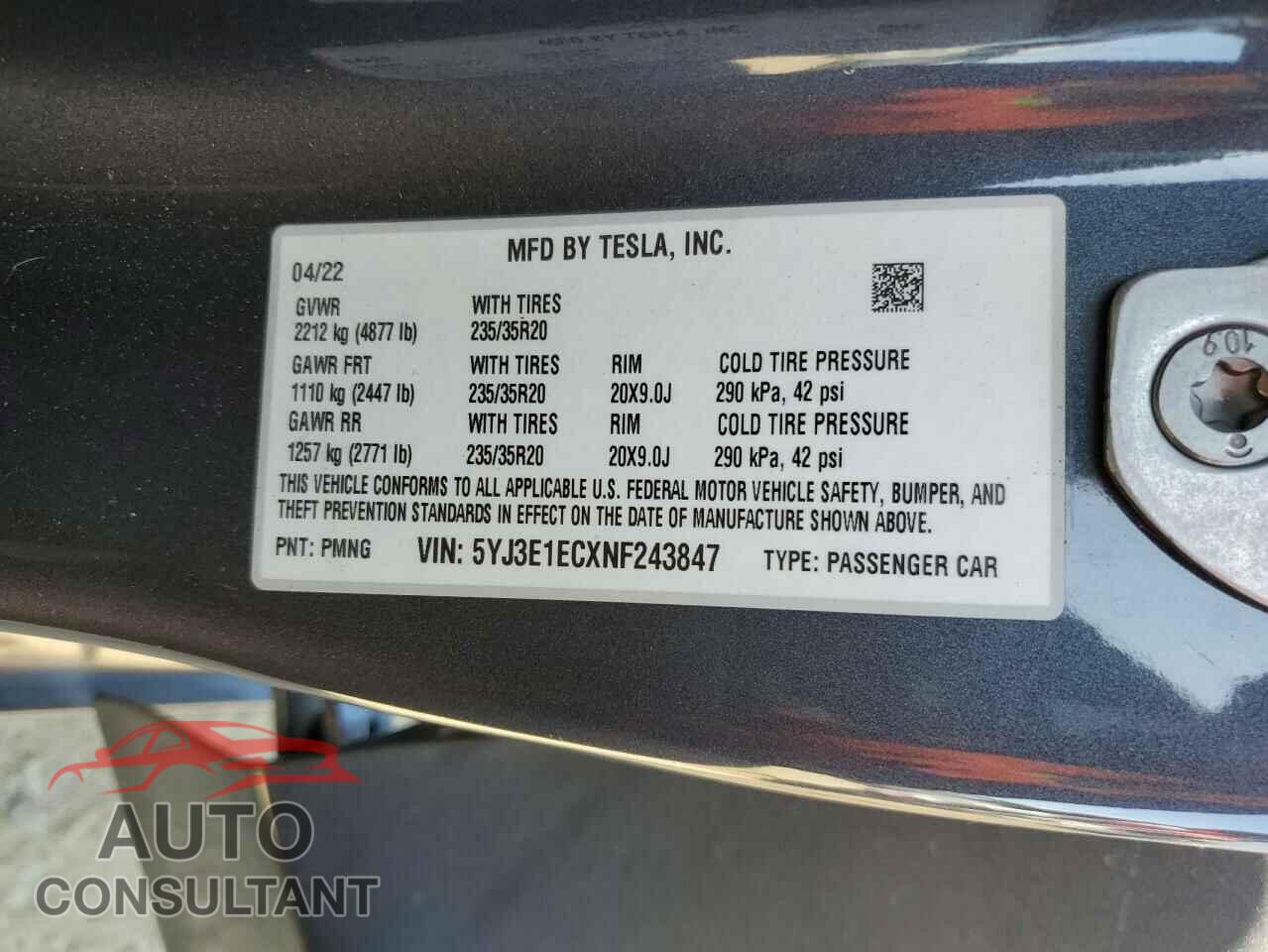 TESLA MODEL 3 2022 - 5YJ3E1ECXNF243847