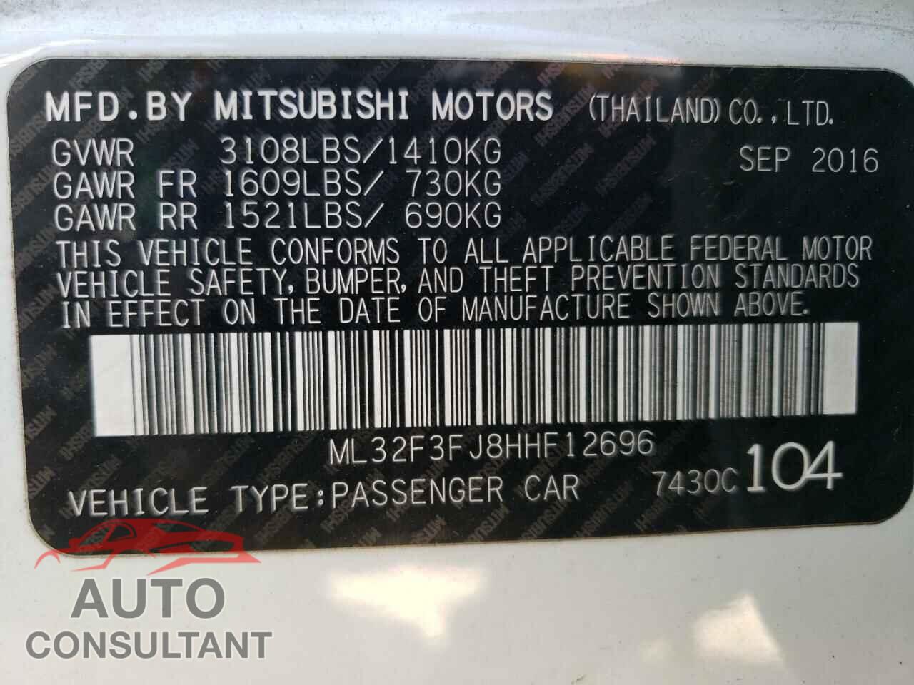 MITSUBISHI MIRAGE 2017 - ML32F3FJ8HHF12696