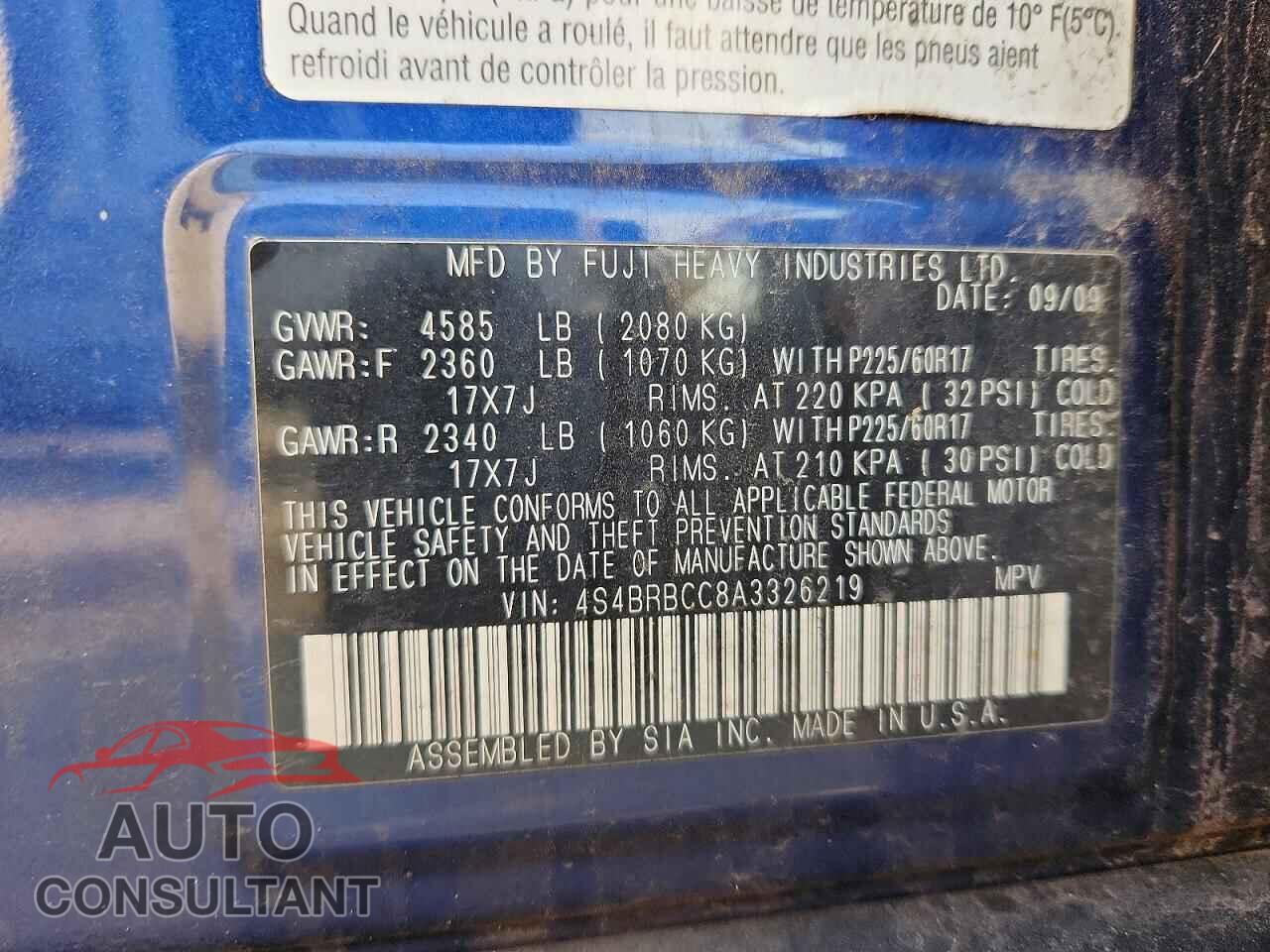 SUBARU OUTBACK 2010 - 4S4BRBCC8A3326219