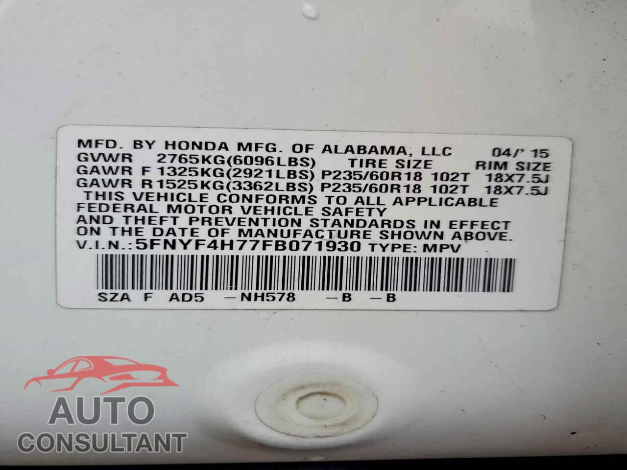 HONDA PILOT 2015 - 5FNYF4H77FB071930