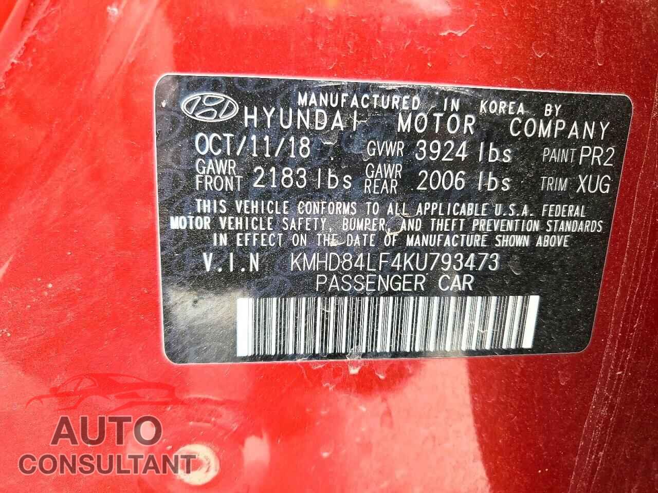 HYUNDAI ELANTRA 2019 - KMHD84LF4KU793473