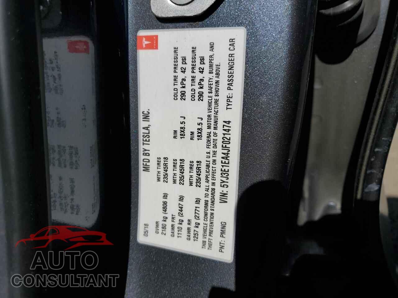 TESLA MODEL 3 2018 - 5YJ3E1EA4JF021474