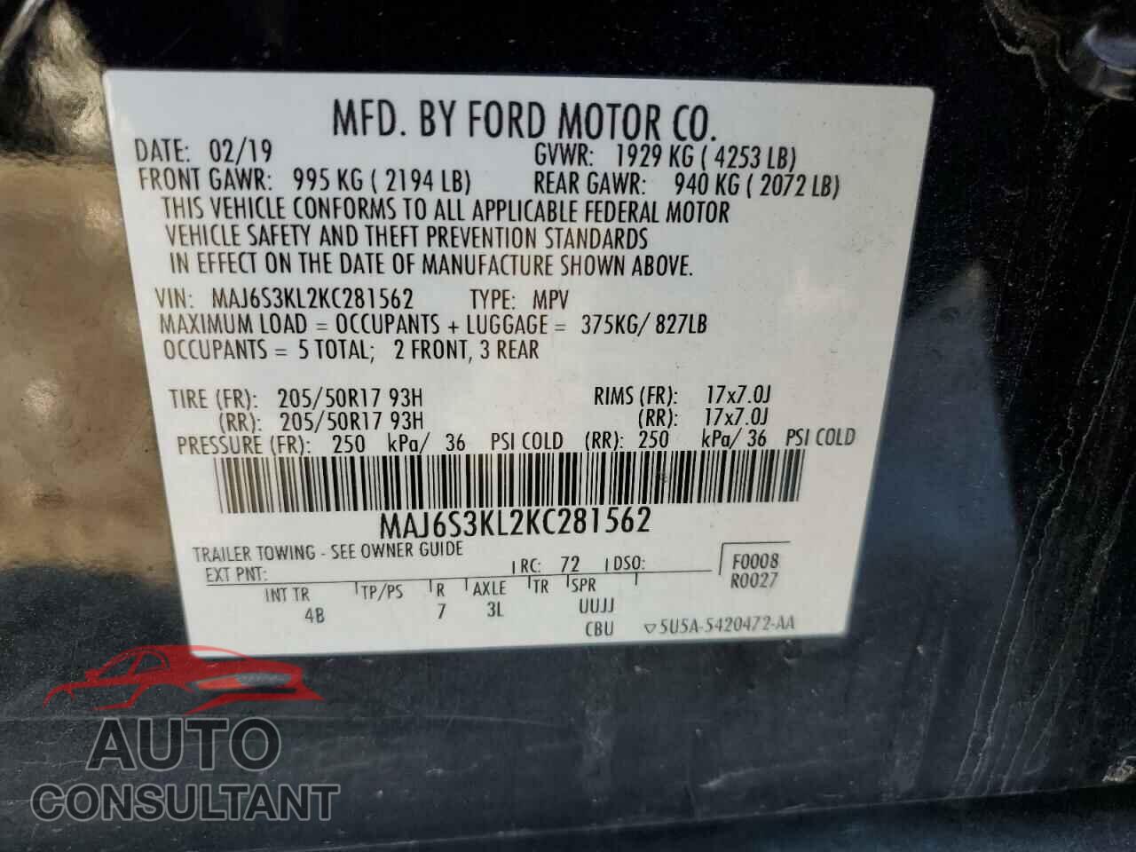 FORD ECOSPORT 2019 - MAJ6S3KL2KC281562