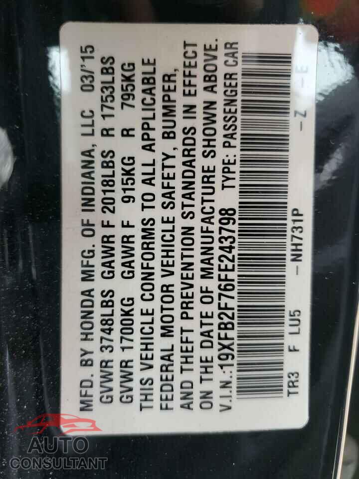 HONDA CIVIC 2015 - 19XFB2F76FE243798