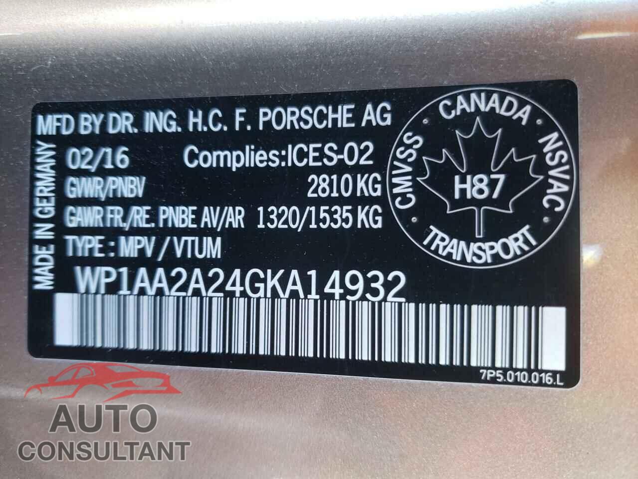 PORSCHE CAYENNE 2016 - WP1AA2A24GKA14932