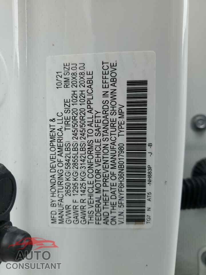 HONDA PILOT 2022 - 5FNYF6H36NB017980