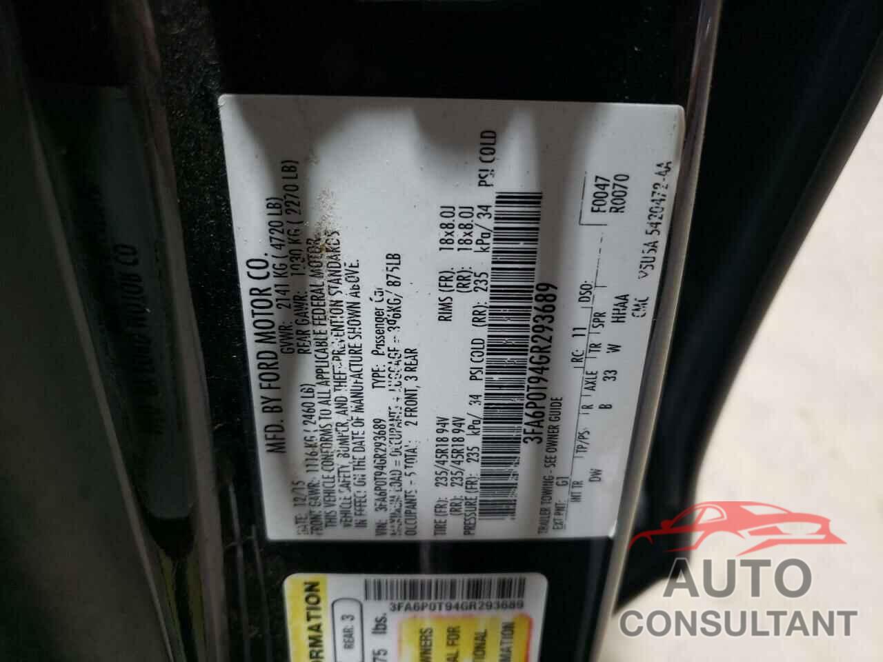 FORD FUSION 2016 - 3FA6P0T94GR293689