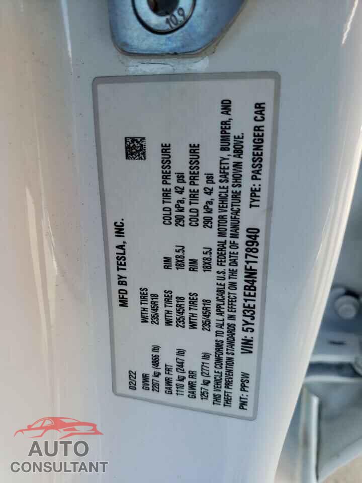 TESLA MODEL 3 2022 - 5YJ3E1EB4NF178940