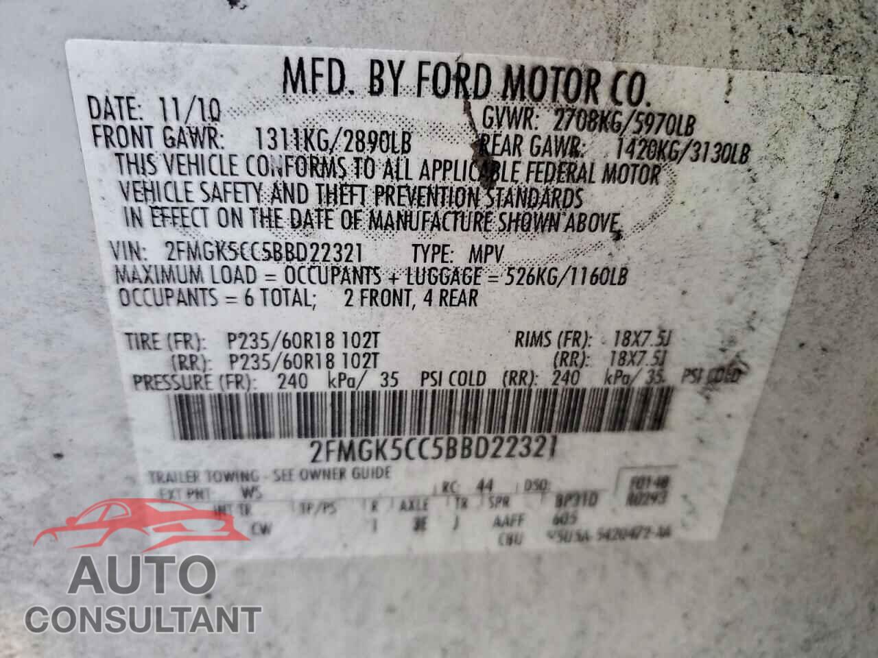 FORD FLEX 2011 - 2FMGK5CC5BBD22321