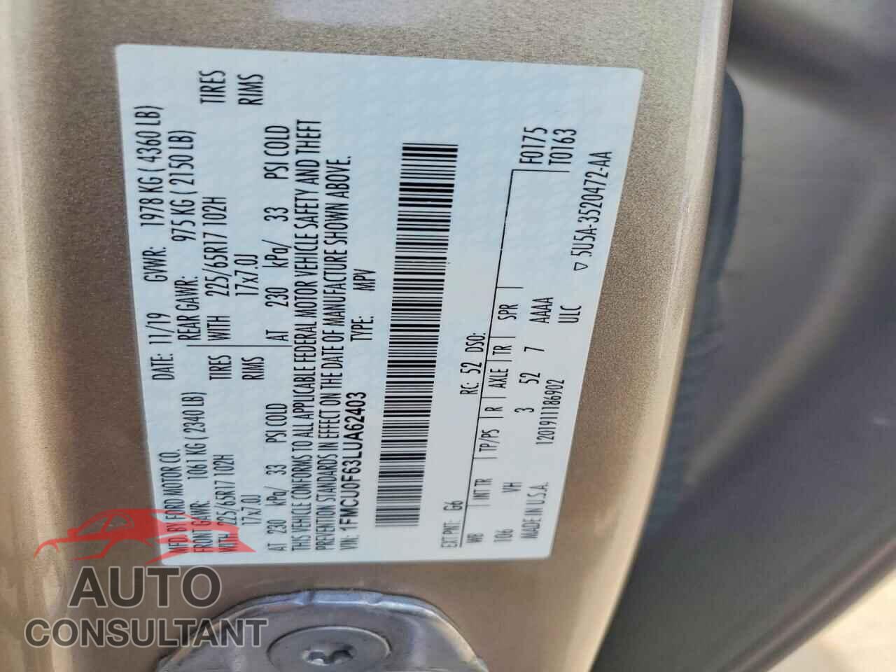 FORD ESCAPE 2020 - 1FMCU0F63LUA62403