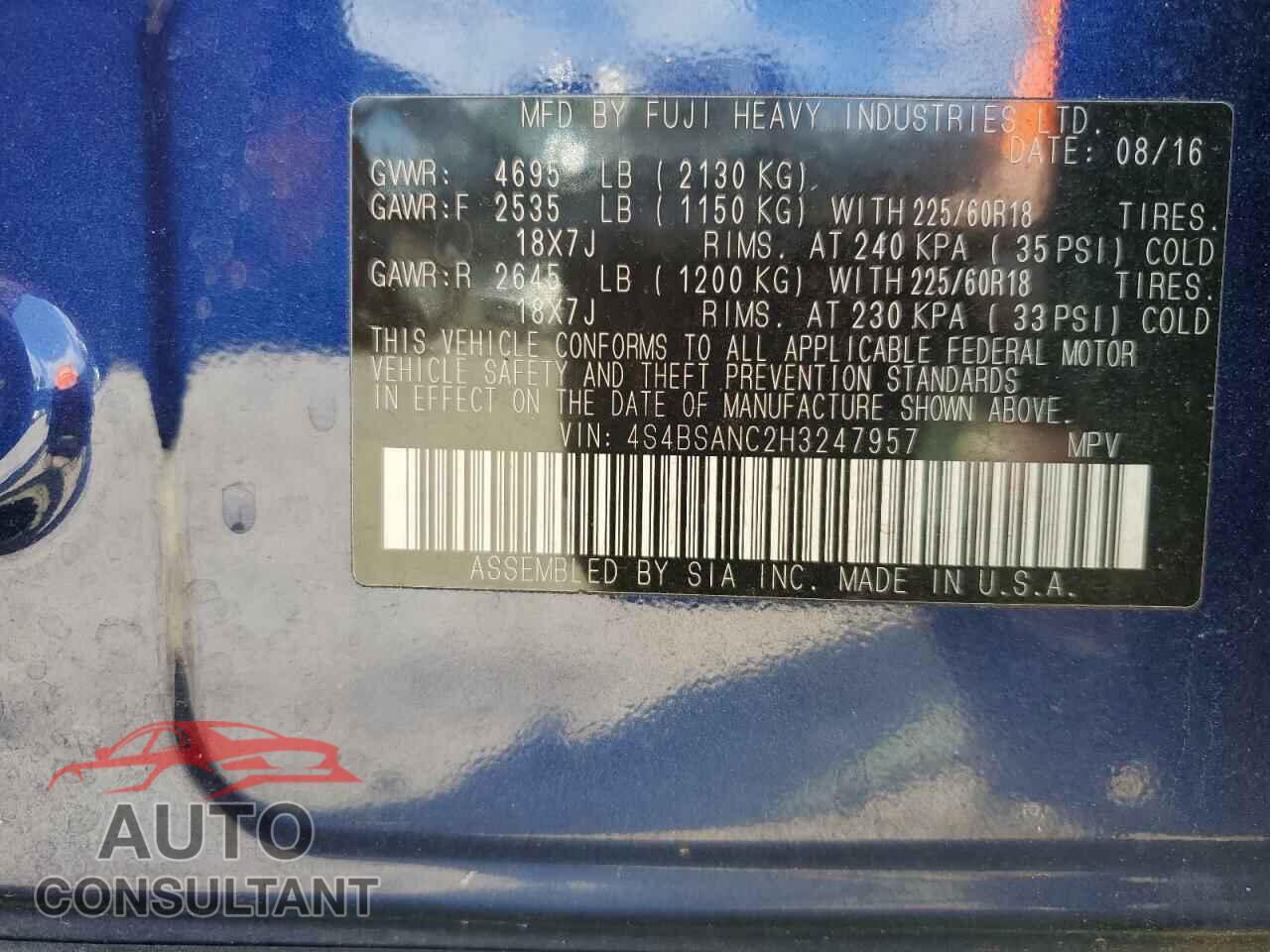 SUBARU OUTBACK 2017 - 4S4BSANC2H3247957