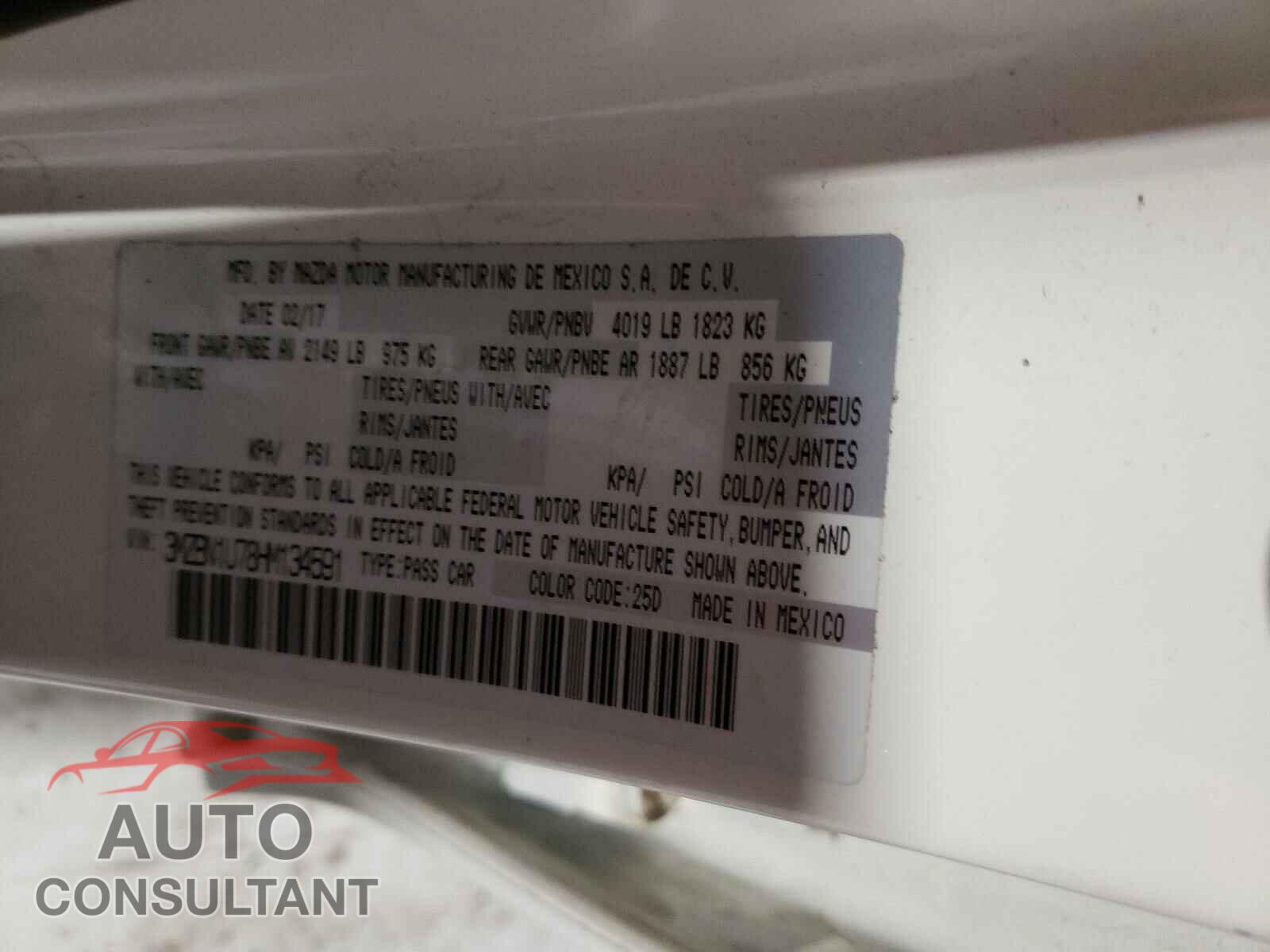 MAZDA 3 2017 - 3MZBN1U78HM134591