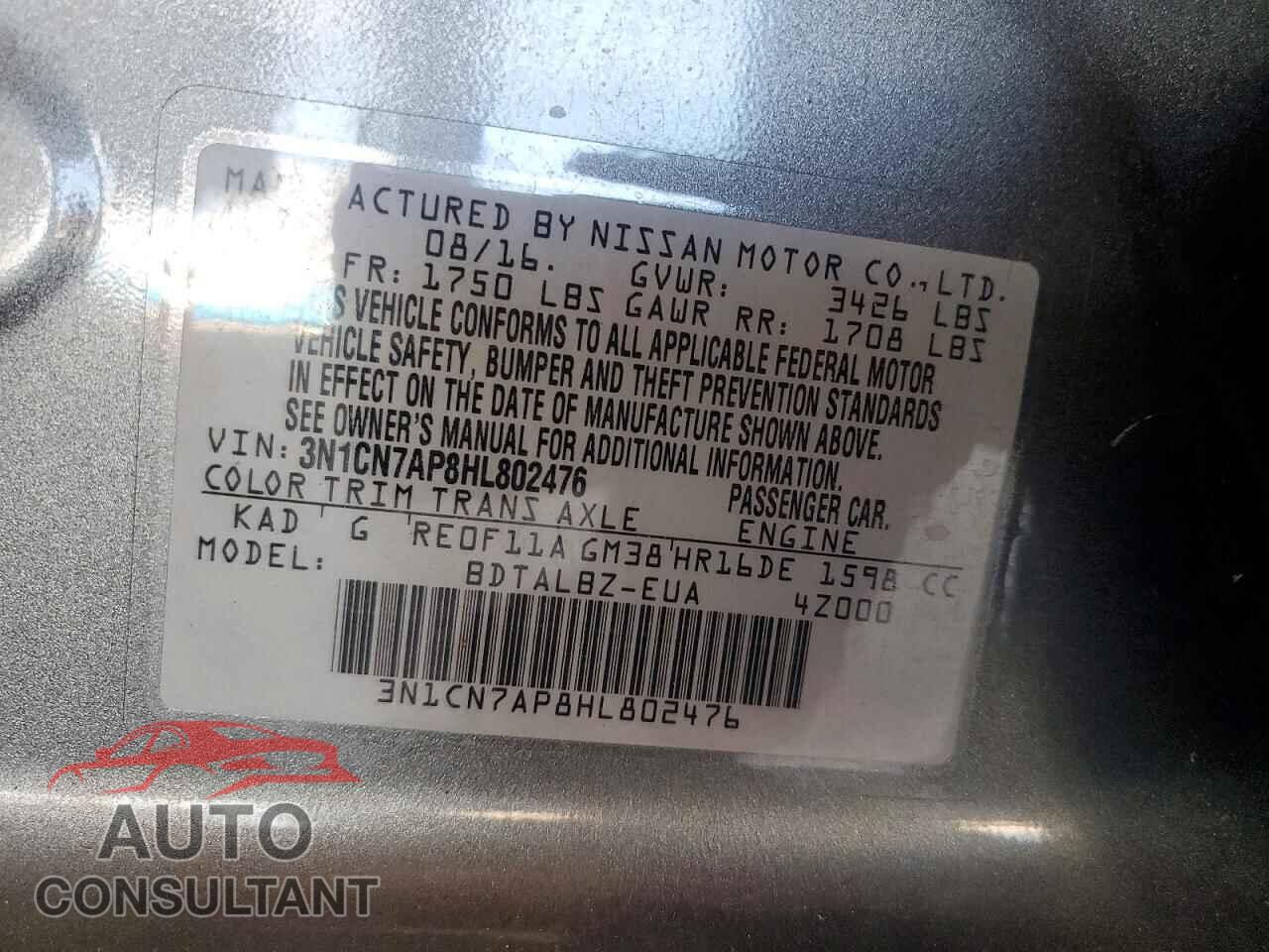 NISSAN VERSA 2017 - 3N1CN7AP8HL802476