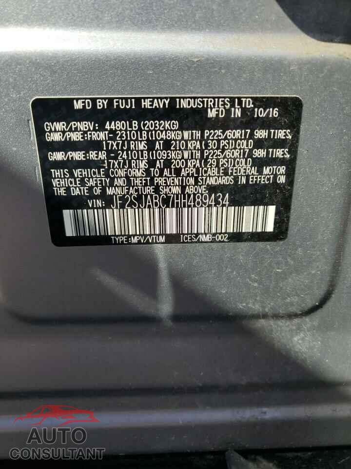 SUBARU FORESTER 2017 - JF2SJABC7HH489434