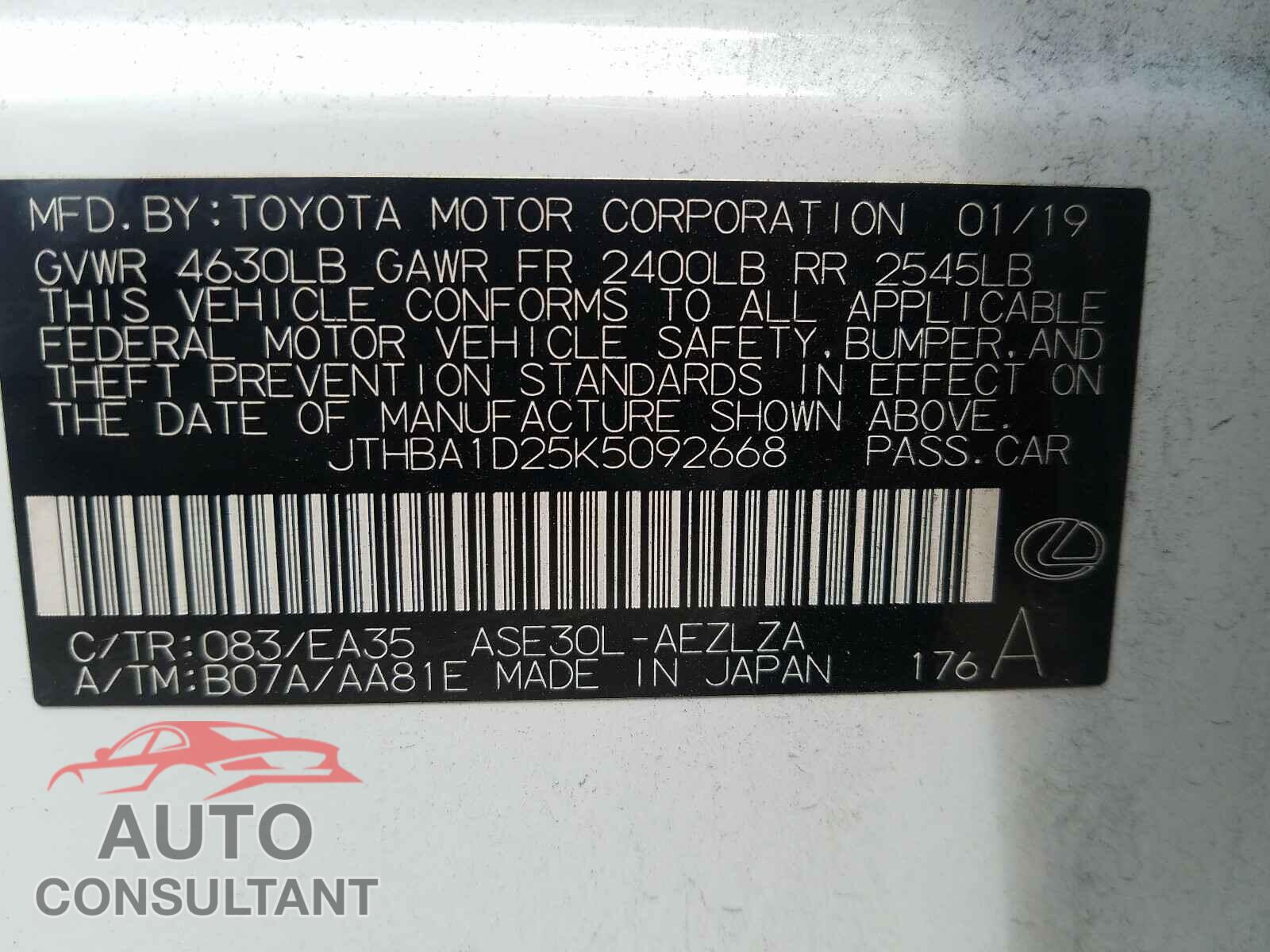 LEXUS IS 2019 - JTHBA1D25K5092668
