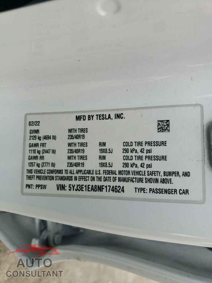 TESLA MODEL 3 2022 - 5YJ3E1EA8NF174624