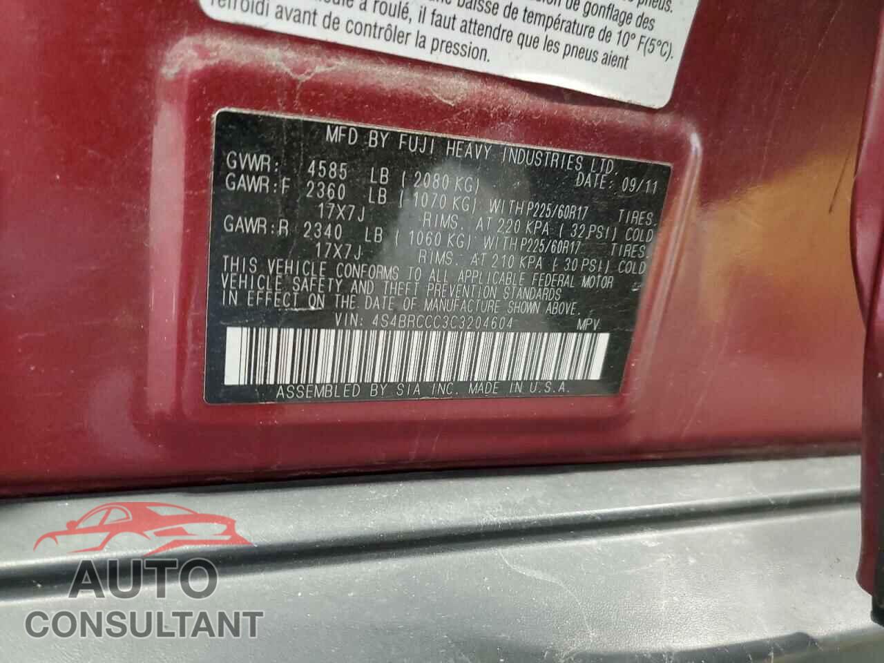 SUBARU OUTBACK 2012 - 4S4BRCCC3C3204604