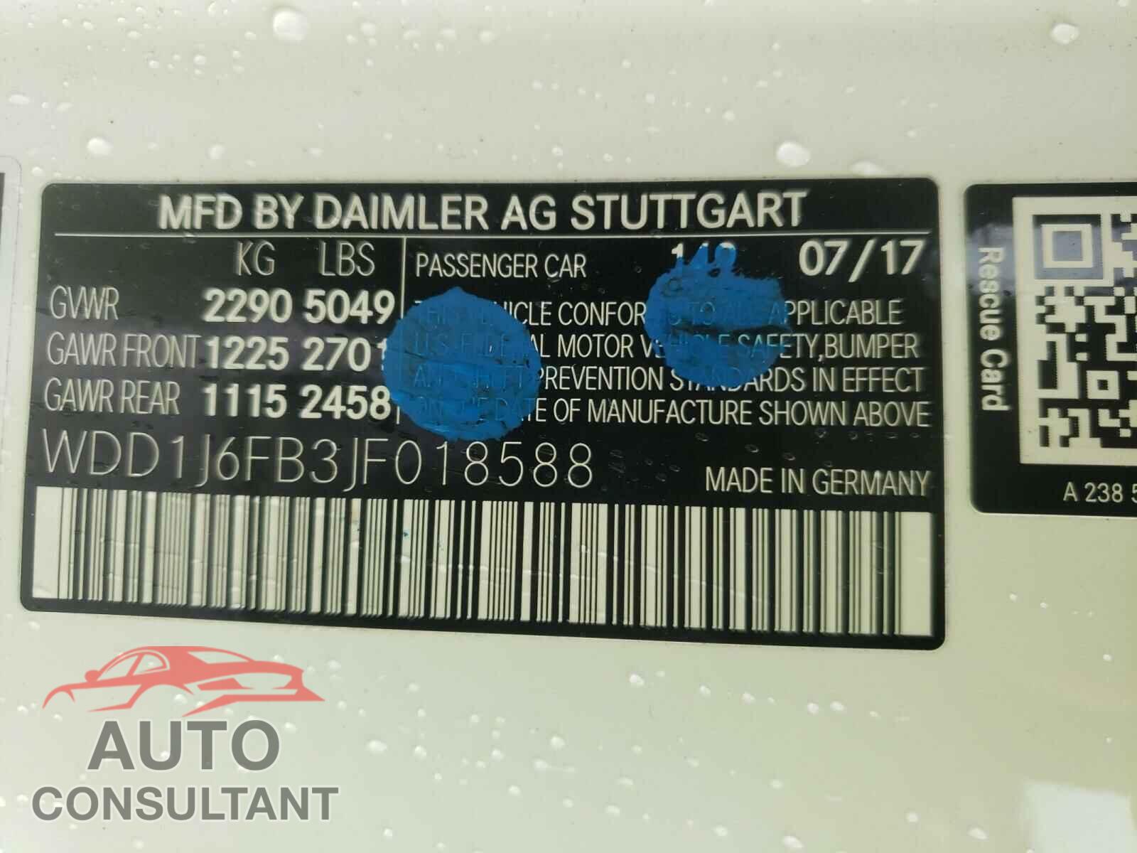 MERCEDES-BENZ E CLASS 2018 - WDD1J6FB3JF018588