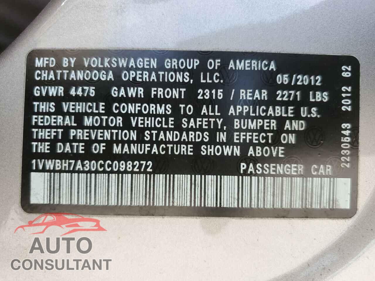 VOLKSWAGEN PASSAT 2012 - 1VWBH7A30CC098272