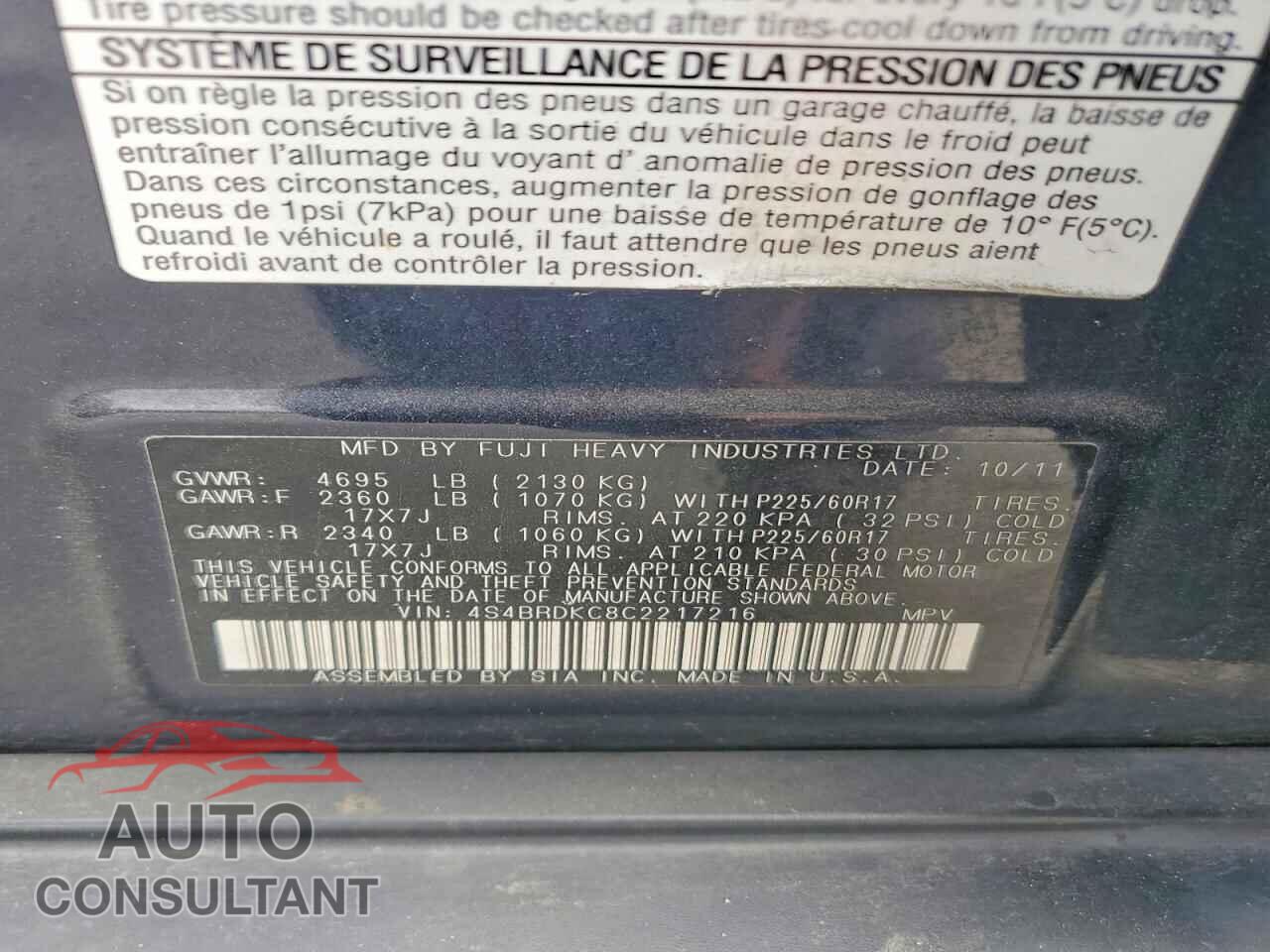 SUBARU OUTBACK 2012 - 4S4BRDKC8C2217216
