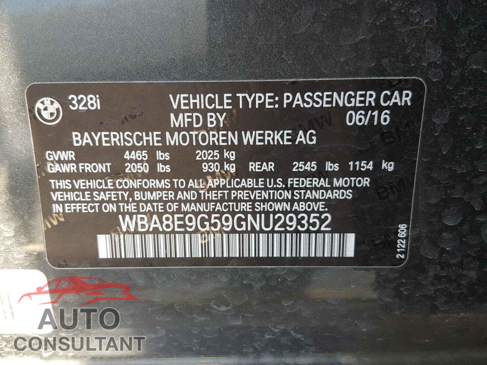 BMW 3 SERIES 2016 - WBA8E9G59GNU29352