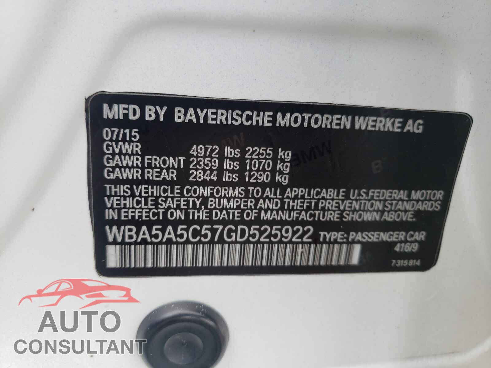 BMW 5 SERIES 2016 - WBA5A5C57GD525922