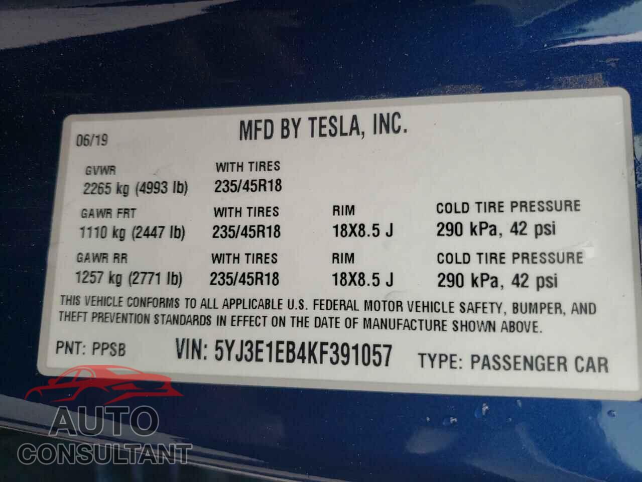 TESLA MODEL 3 2019 - 5YJ3E1EB4KF391057