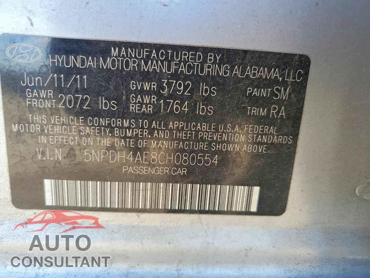 HYUNDAI ELANTRA 2012 - 5NPDH4AE8CH080554