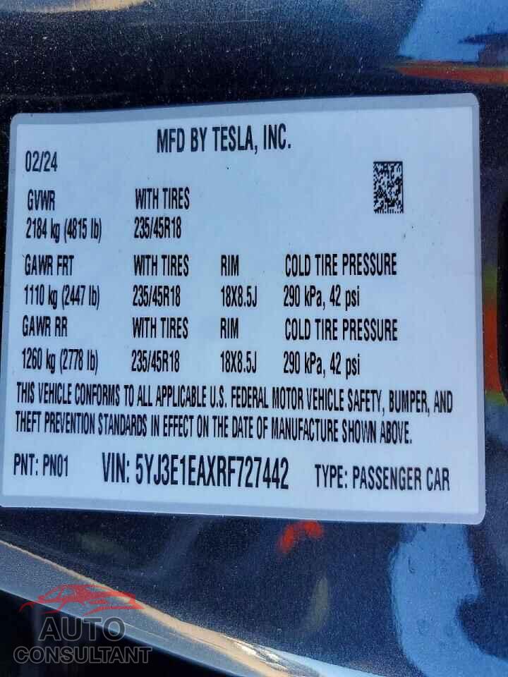 TESLA MODEL 3 2024 - 5YJ3E1EAXRF727442