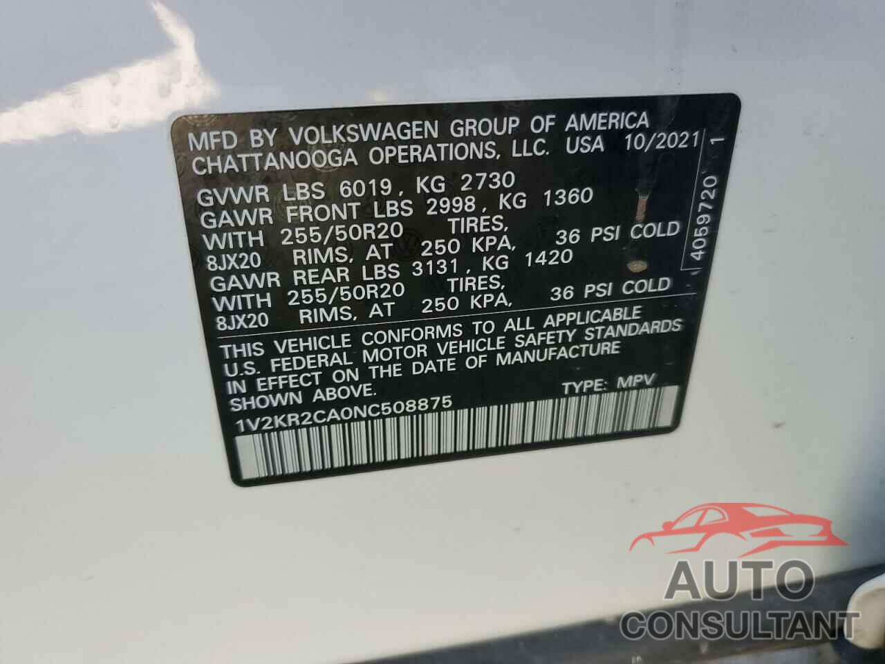 VOLKSWAGEN ATLAS 2022 - 1V2KR2CA0NC508875