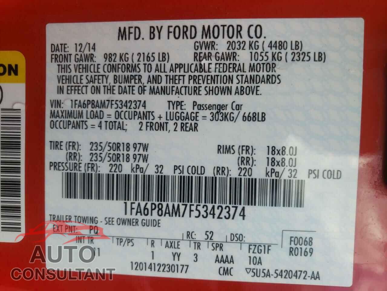 FORD MUSTANG 2015 - 1FA6P8AM7F5342374
